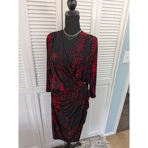 Jennifer Lopez Dress Women's 1X Red Ruched Animal Print Stretch Holiday Party